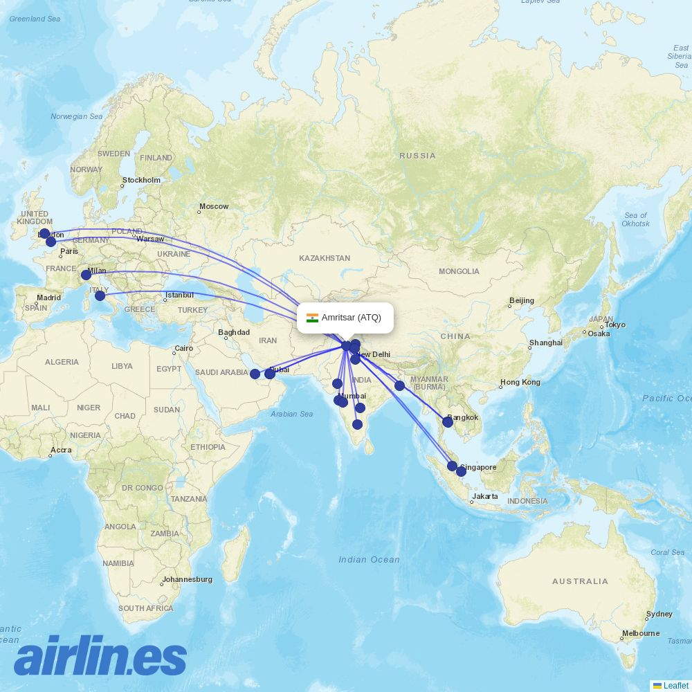 Thai Lion Air from Amritsar destination map