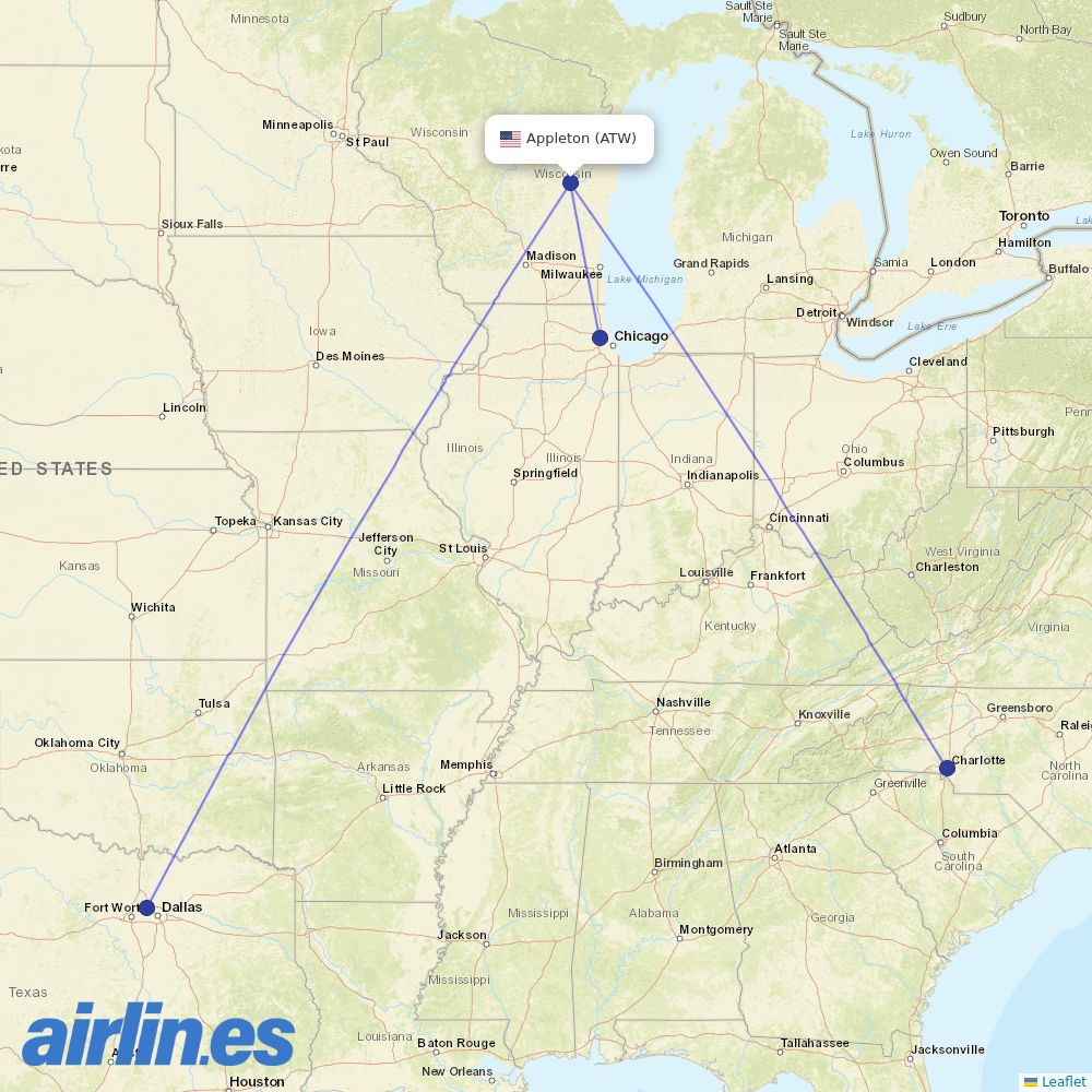 American Airlines from Appleton destination map