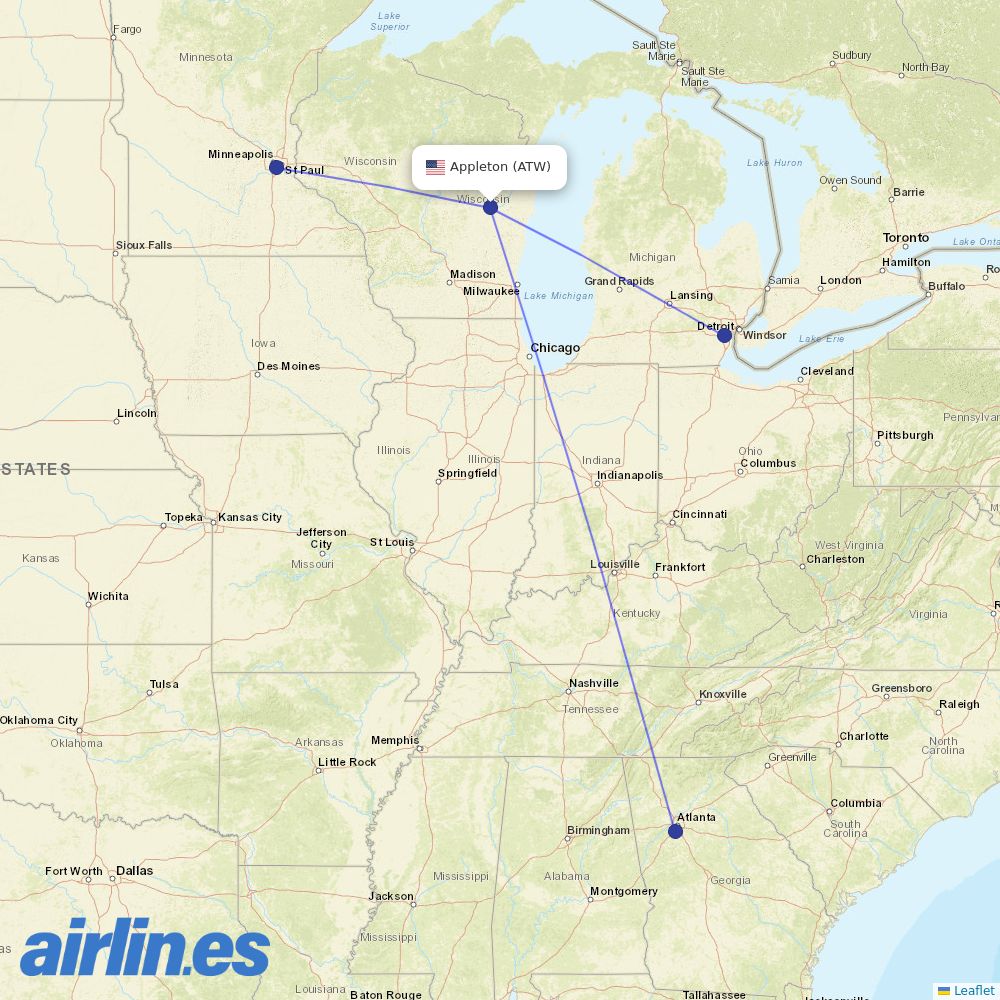 Delta Air Lines from Appleton destination map
