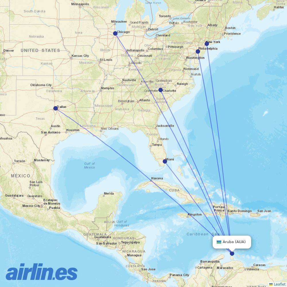 American Airlines from Reina Beatrix International destination map