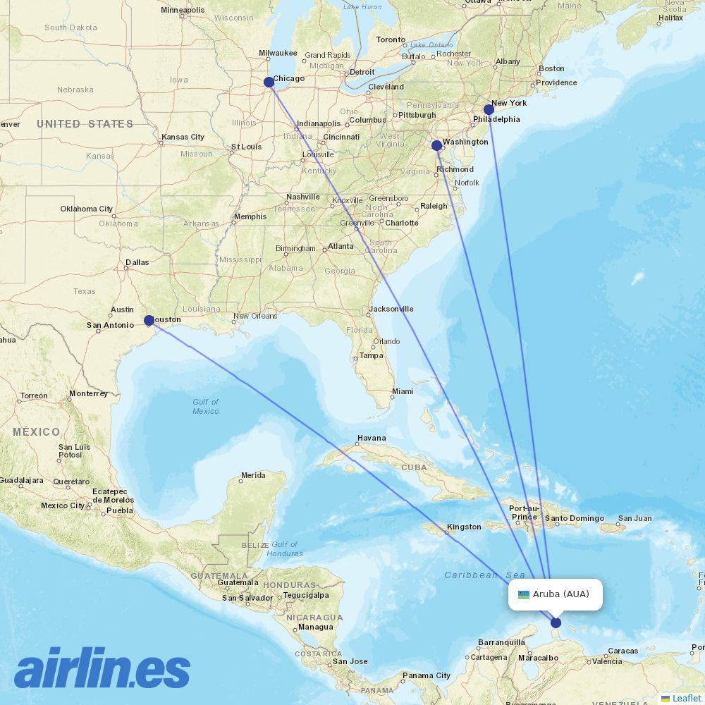 United Airlines from Reina Beatrix International destination map