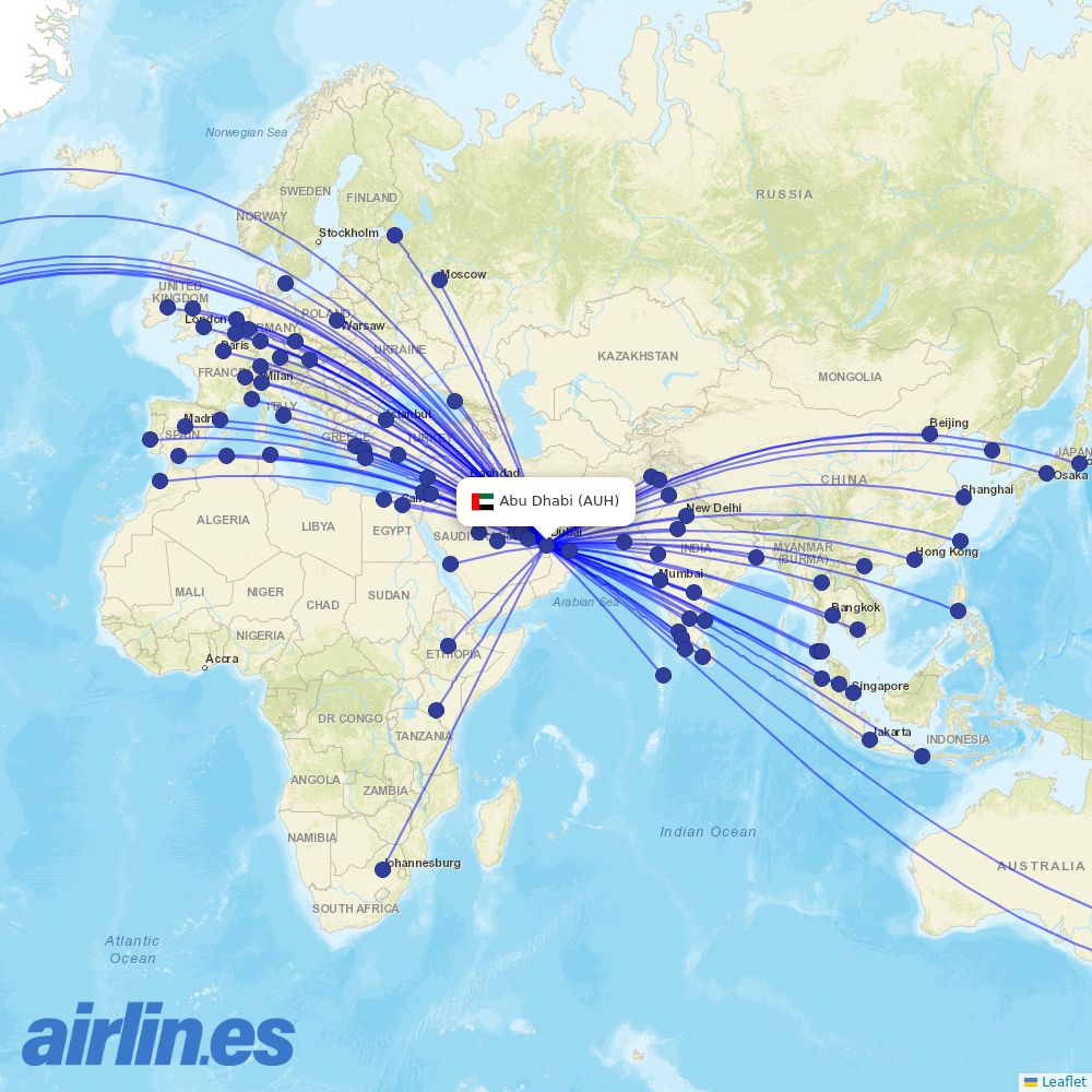 Etihad Airways from Zayed International Airport destination map