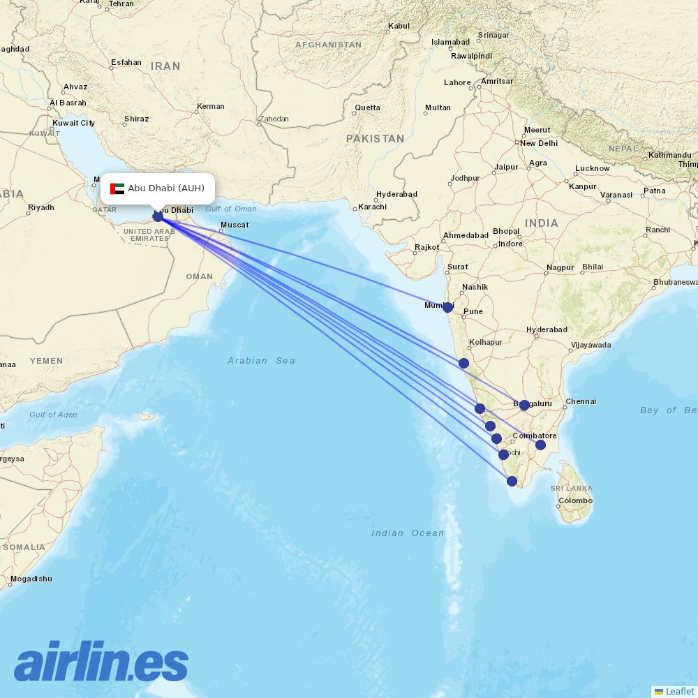 Air India Express from Zayed International Airport destination map