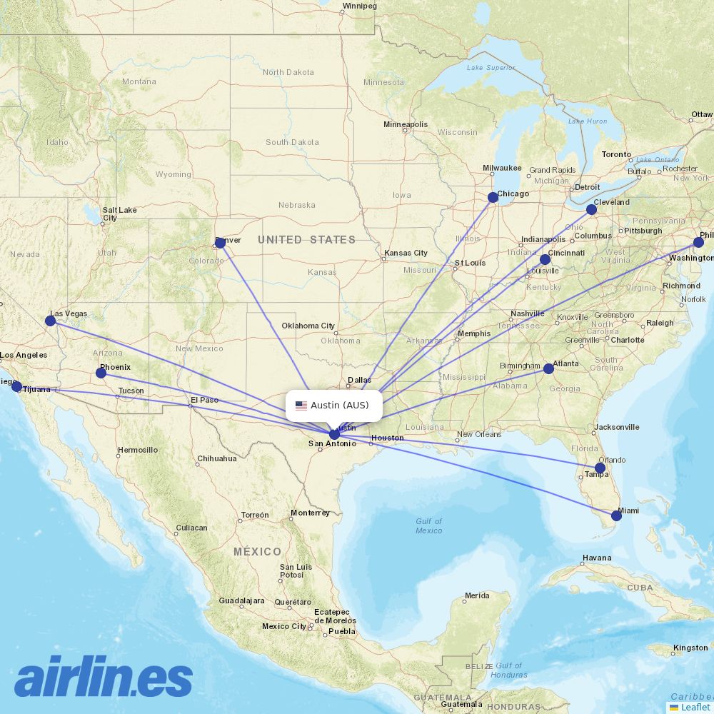 Frontier Airlines from Austin-Bergstrom International Airport destination map