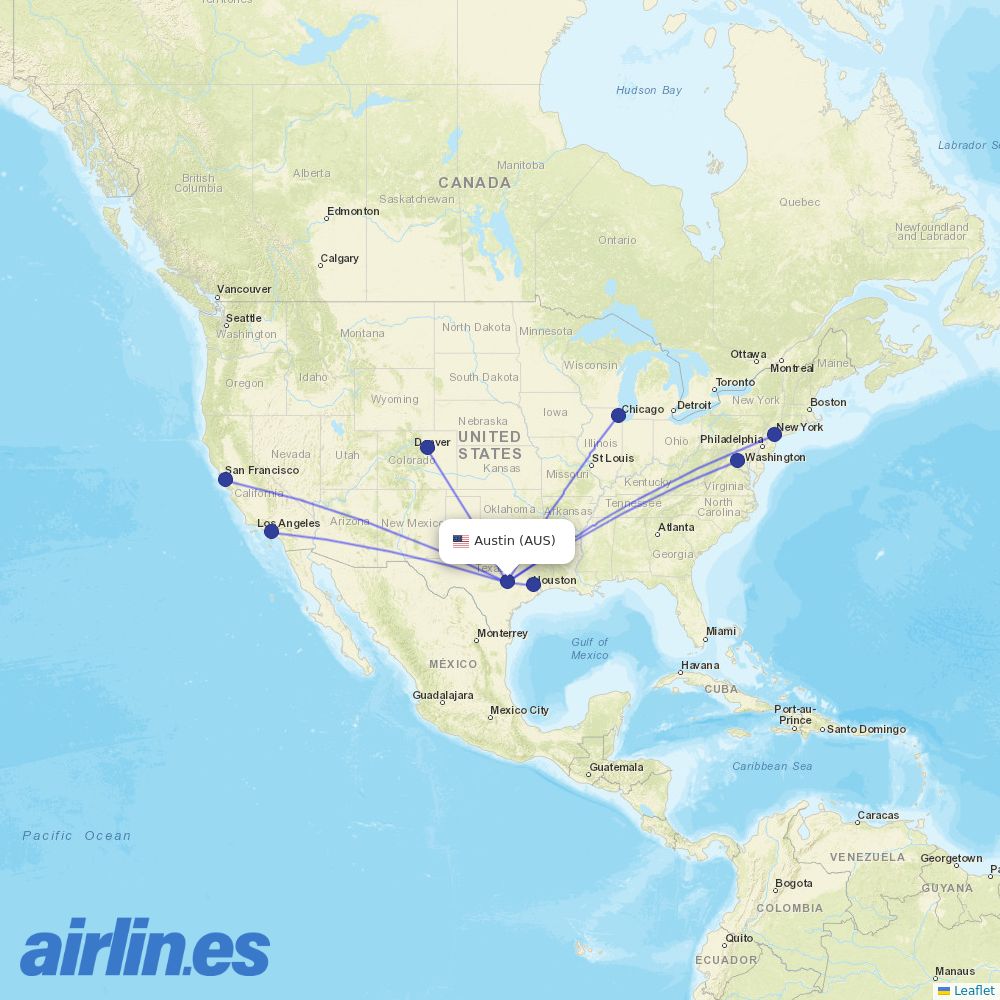 United Airlines from Austin-Bergstrom International Airport destination map