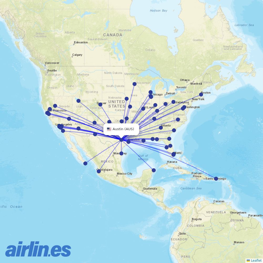 Southwest at AUS route map