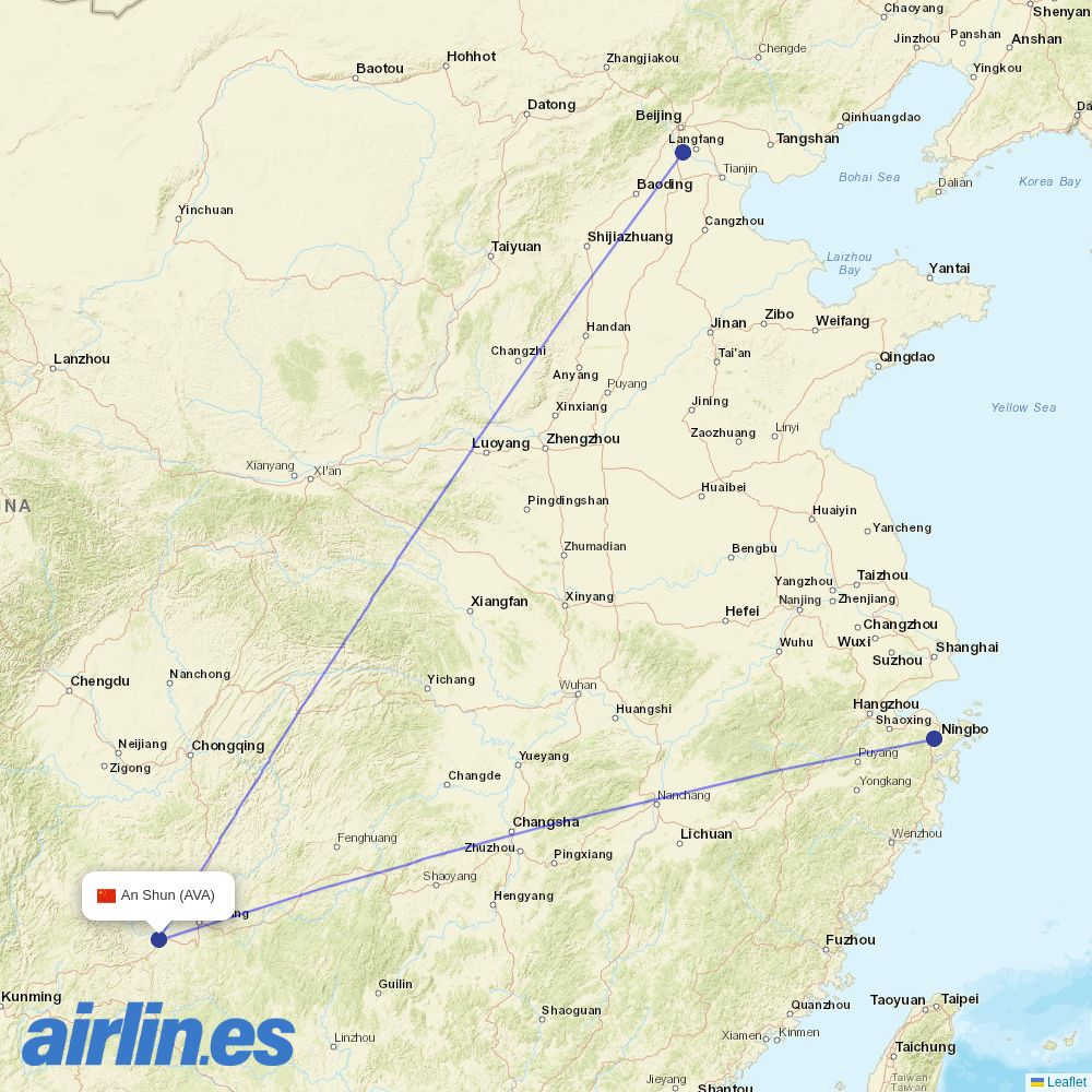 Beijing Capital Airlines from An Shun/Huang Guo Shu Airport destination map