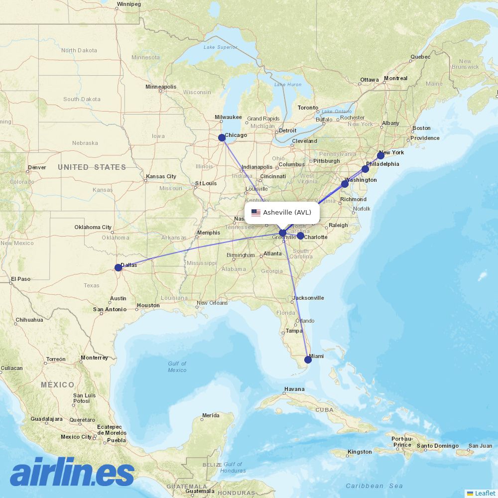 American Airlines from Asheville Regional Airport destination map