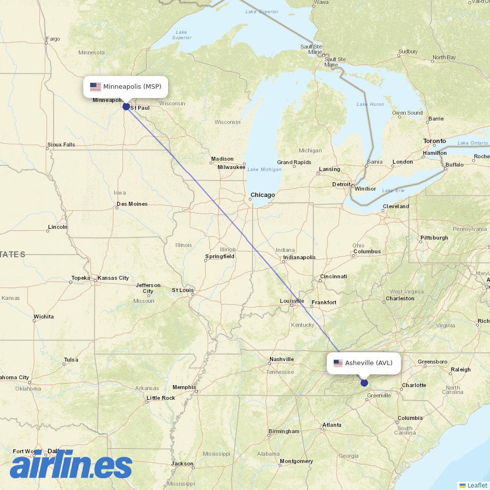 Sun Country Airlines from Asheville Regional Airport destination map