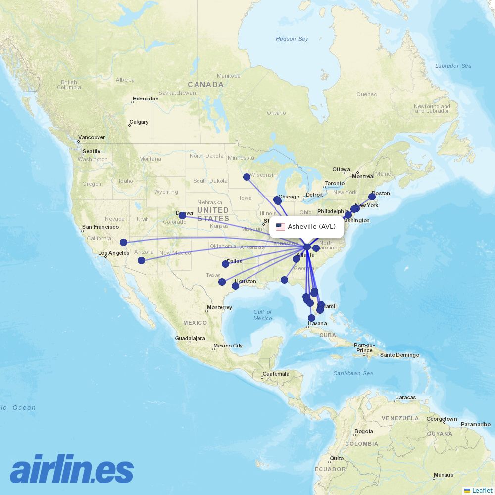 United Airlines from Asheville Regional Airport destination map