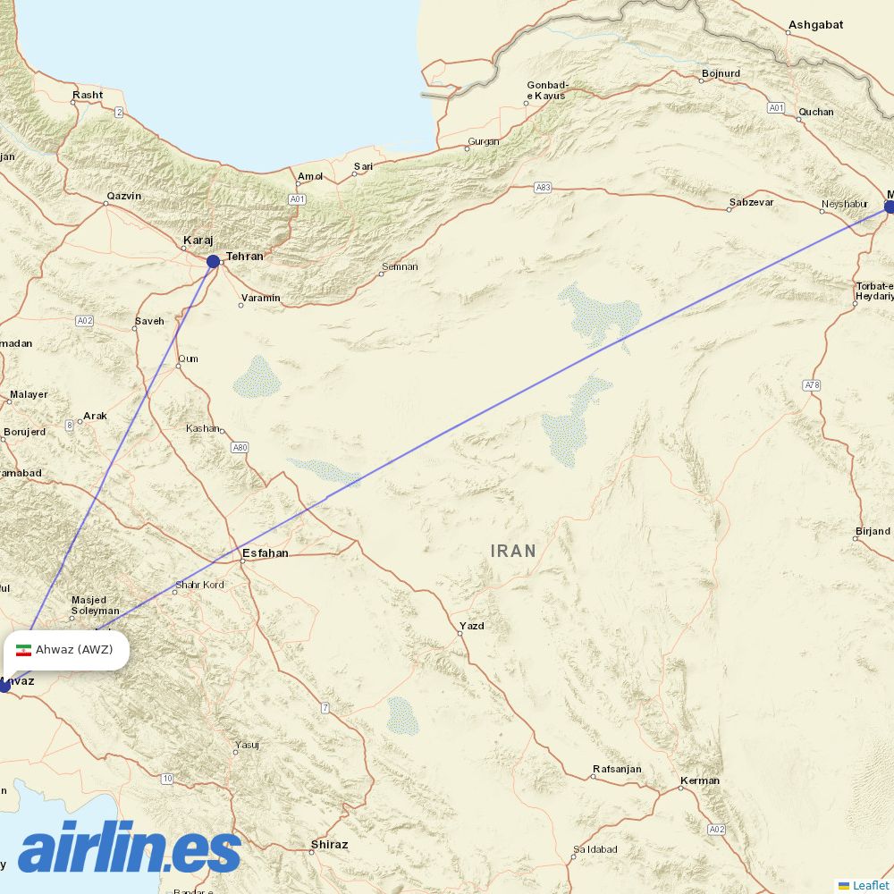 Qeshm Air from Ahwaz destination map
