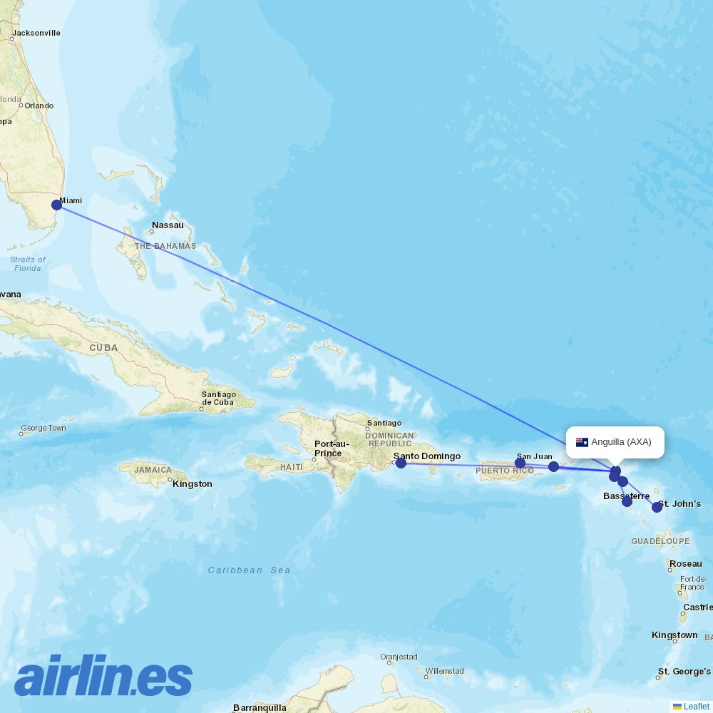 Anguilla Air Services from Wallblake destination map