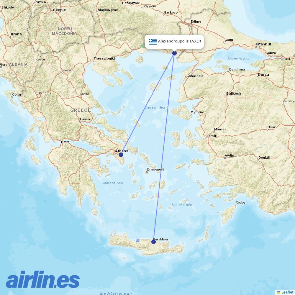 Aegean Airlines from Dimokritos destination map