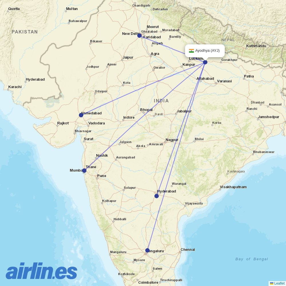 IndiGo from Ayodhya Airport destination map