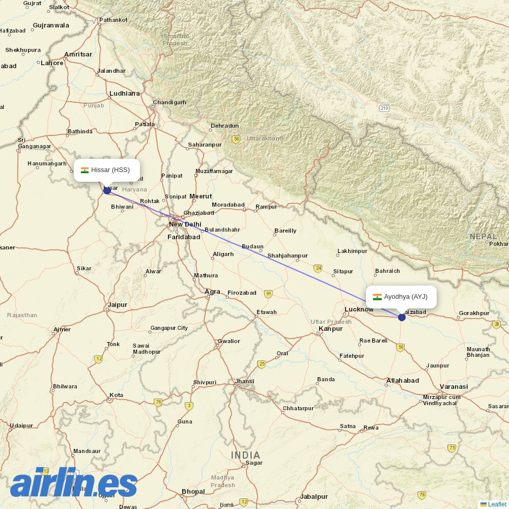Alliance Air from Ayodhya Airport destination map