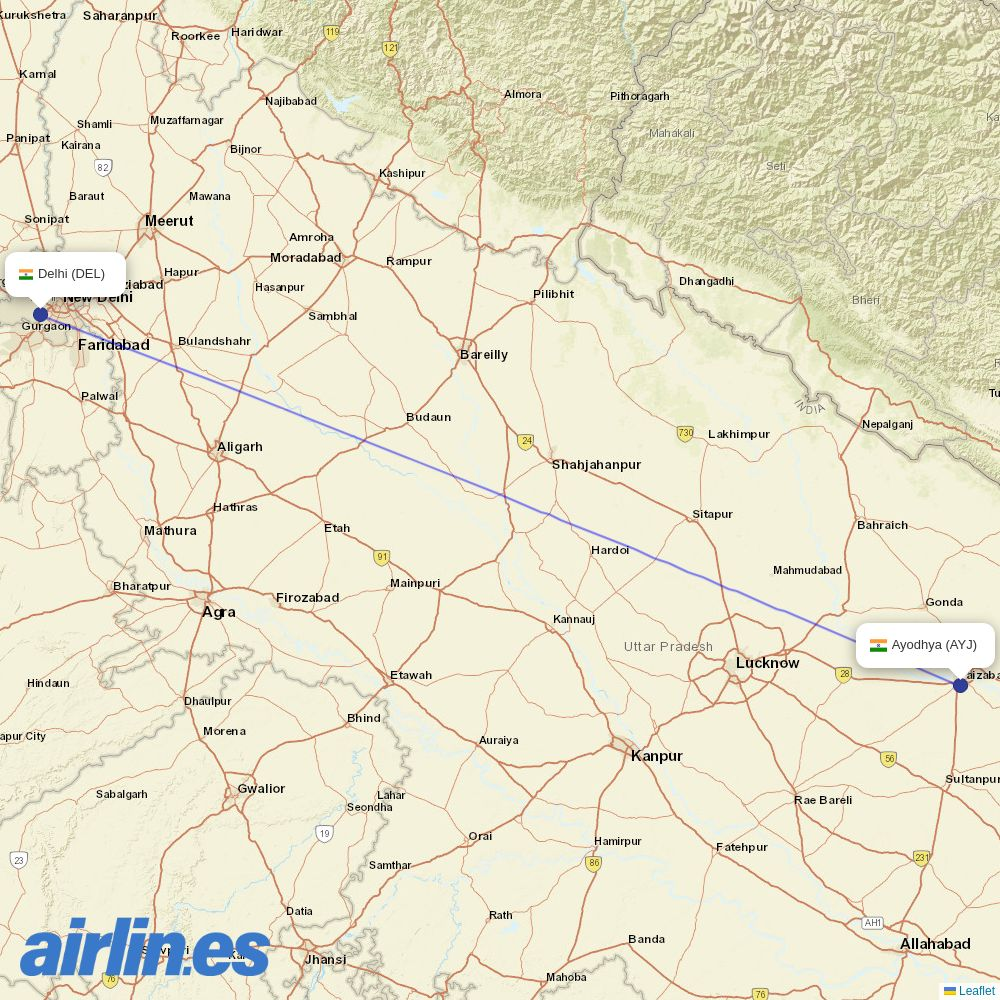 Air India Express from Ayodhya Airport destination map