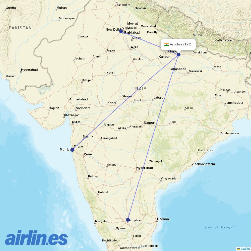 Akasa Air from Ayodhya Airport destination map