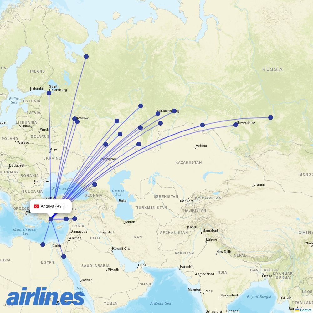Southwind Airlines from Antalya Airport destination map