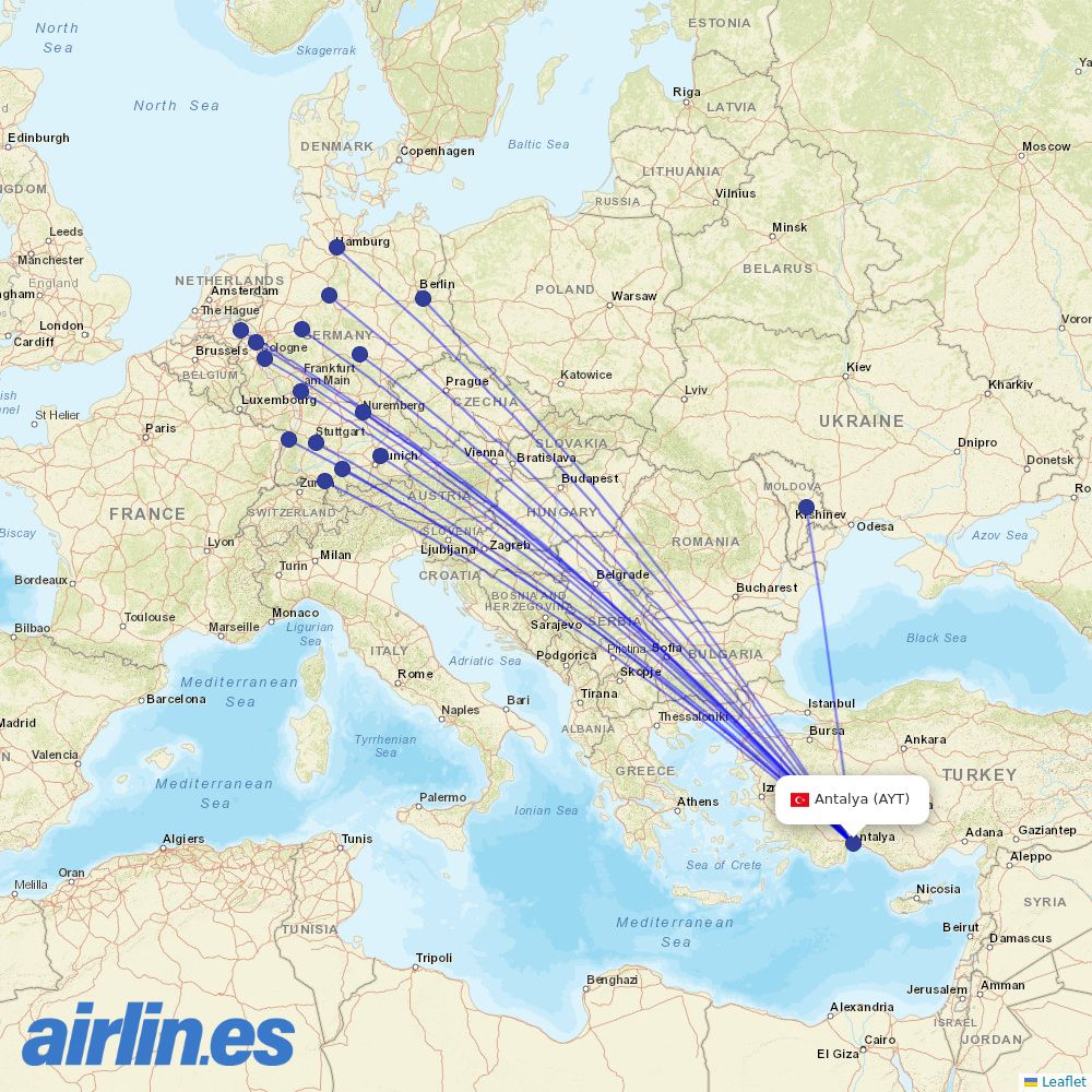 Freebird Airlines from Antalya Airport destination map