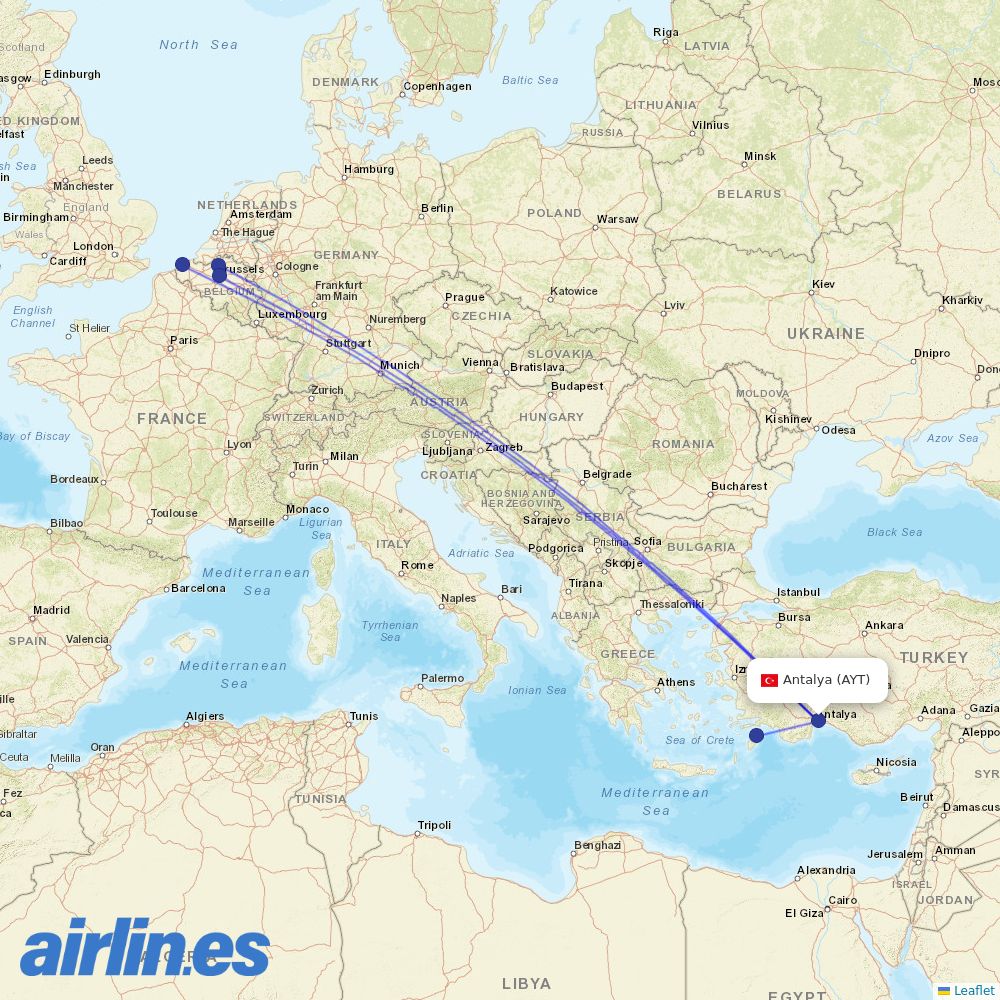 TUI fly Belgium from Antalya Airport destination map