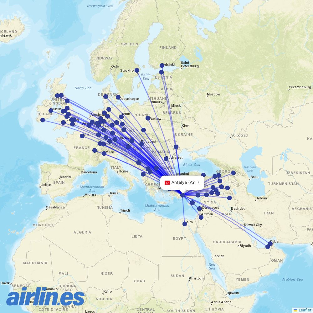 SunExpress from Antalya Airport destination map