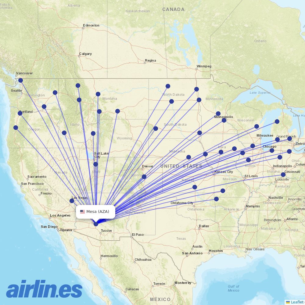 Sun Country Airlines from Phoenix–Mesa Gateway Airport destination map