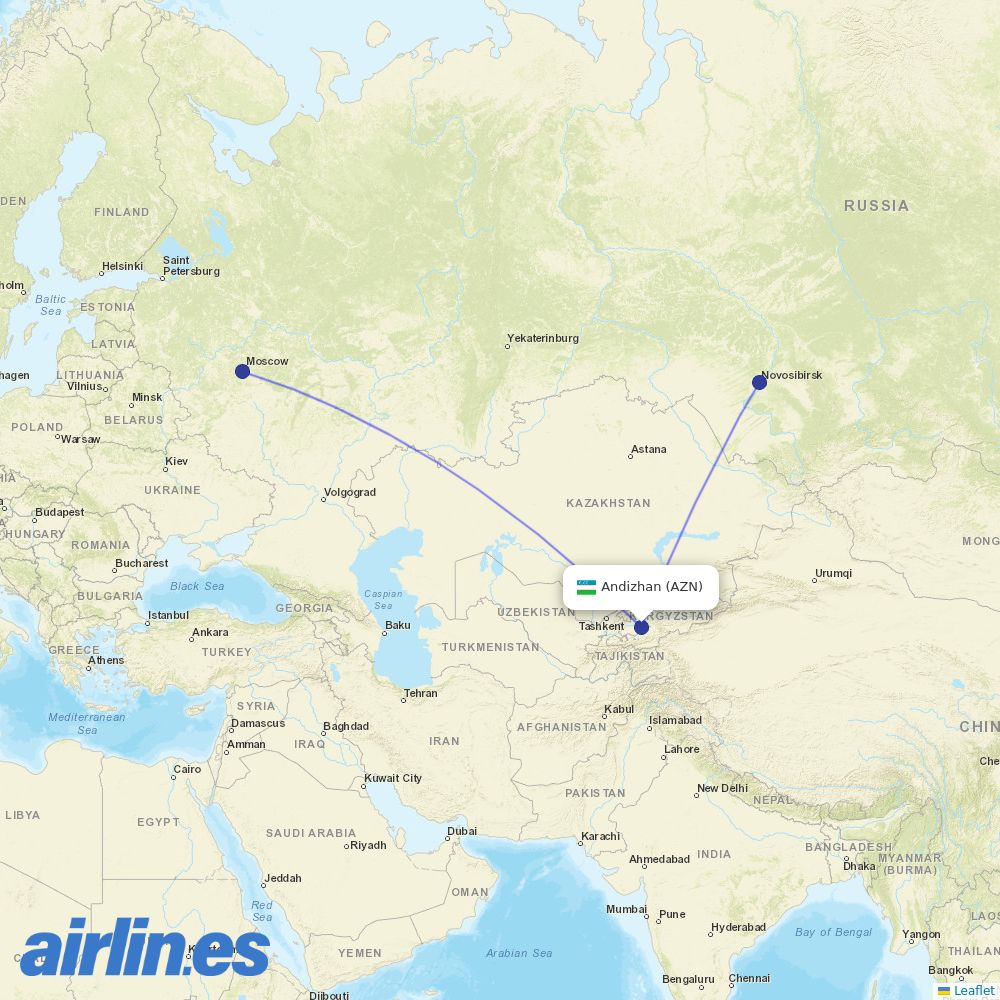 Uzbekistan Airways from Andizhan Airport destination map