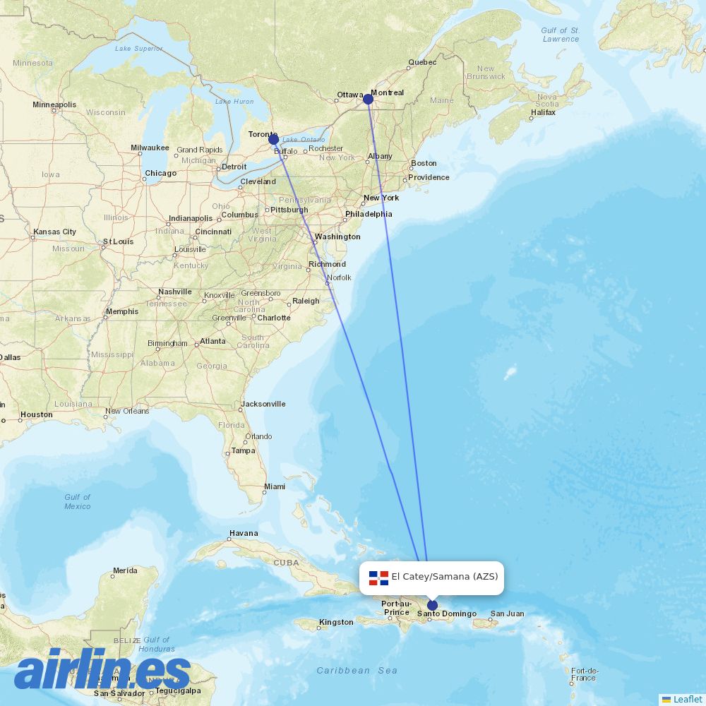 Air Canada from SamanÃ¡ El Catey International Airport destination map