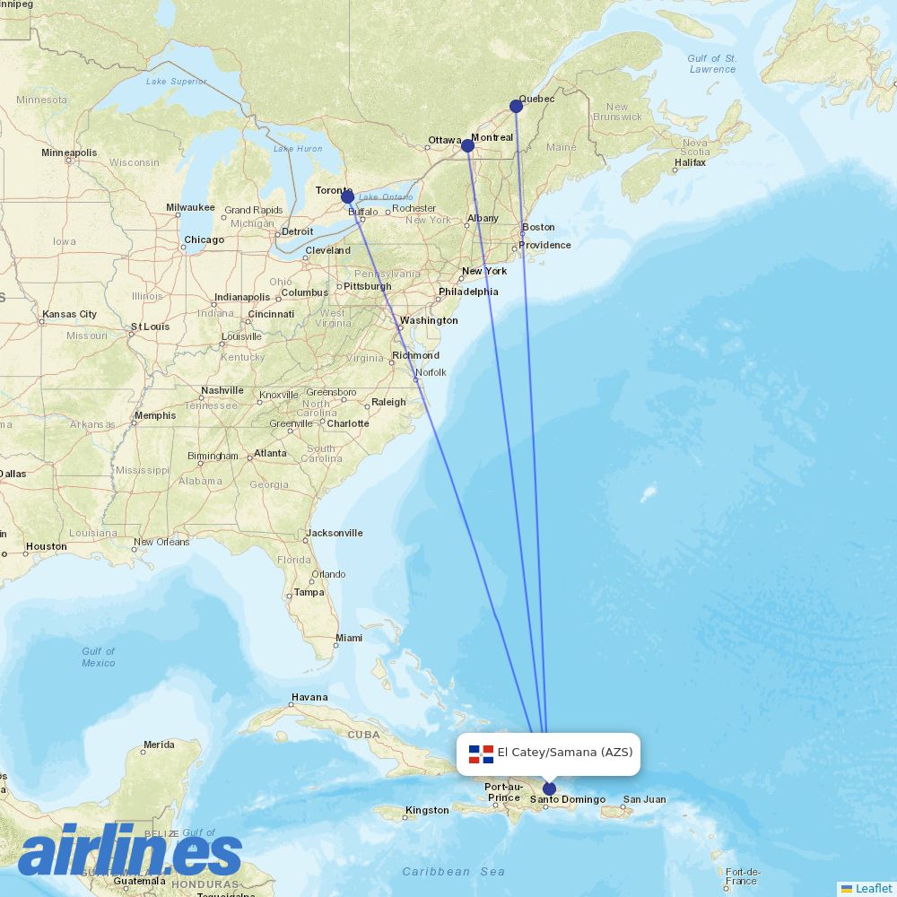 Air Transat from SamanÃ¡ El Catey International Airport destination map