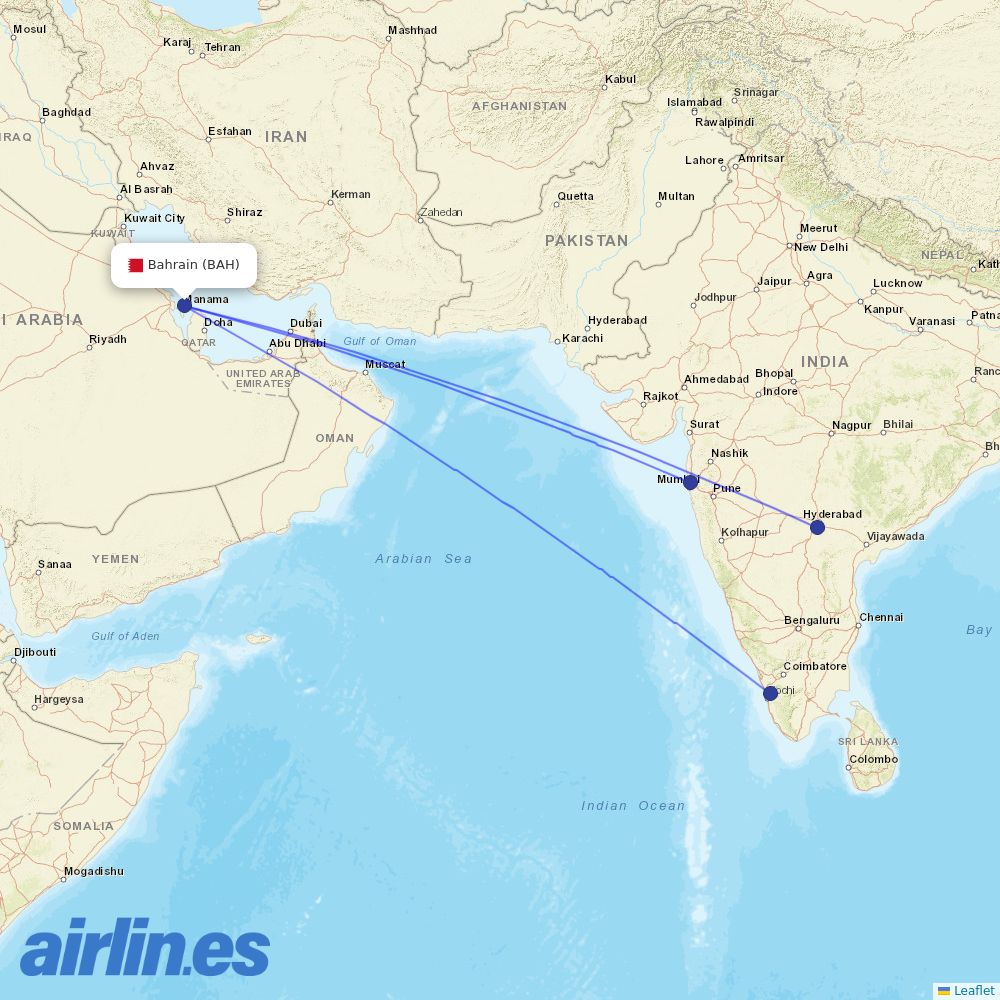 IndiGo from Bahrain International Airport destination map