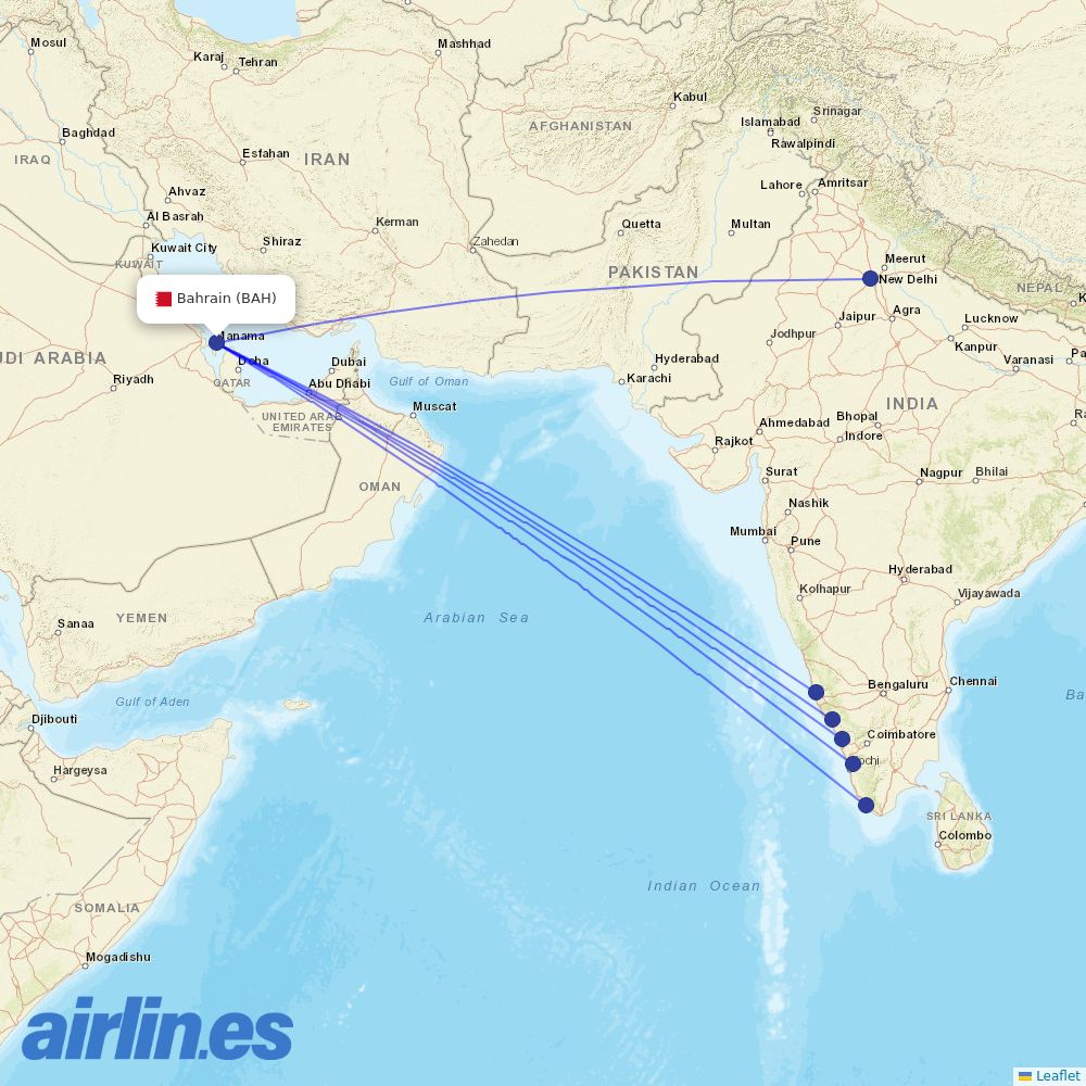 Air India Express from Bahrain International Airport destination map