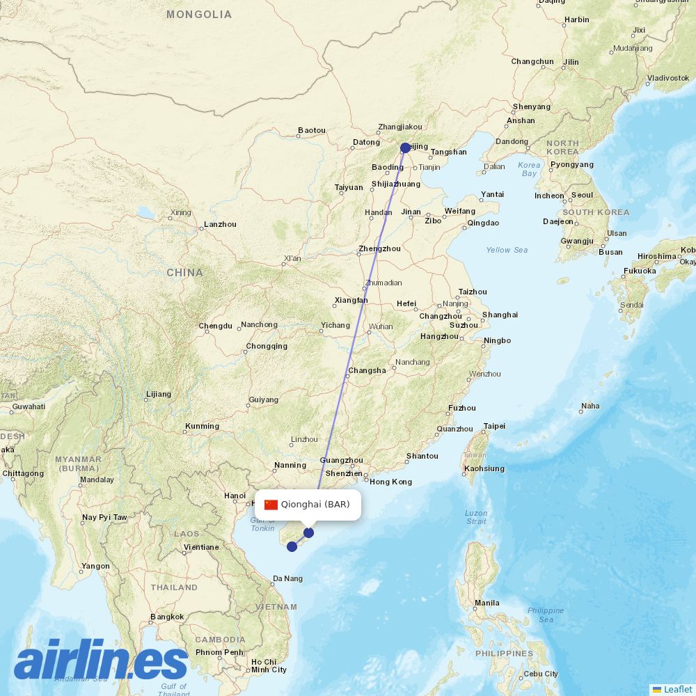 Hainan Airlines from Qionghai Bo'ao Airport destination map