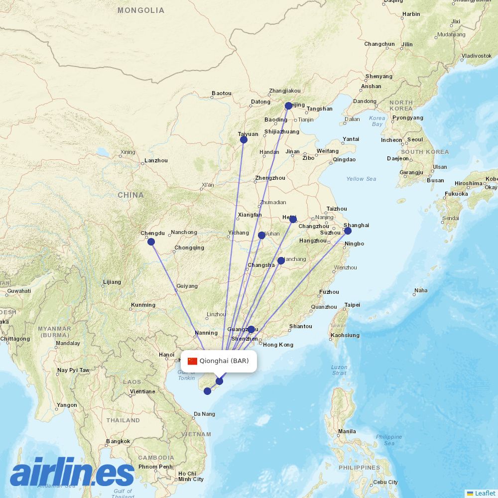 China Eastern Airlines from Qionghai Bo'ao Airport destination map