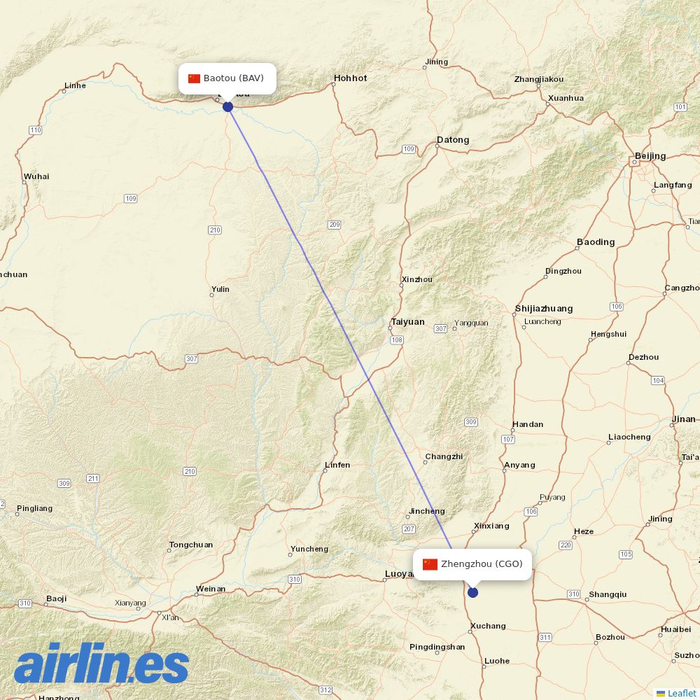 China Southern Airlines from Baotou Airport destination map
