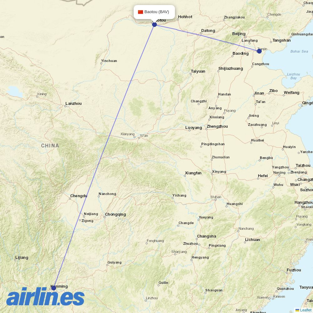 Ruili Airlines from Baotou Airport destination map