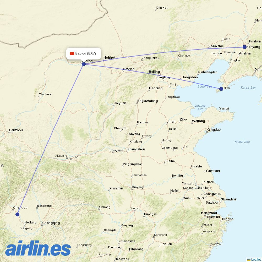 Chengdu Airlines from Baotou Airport destination map