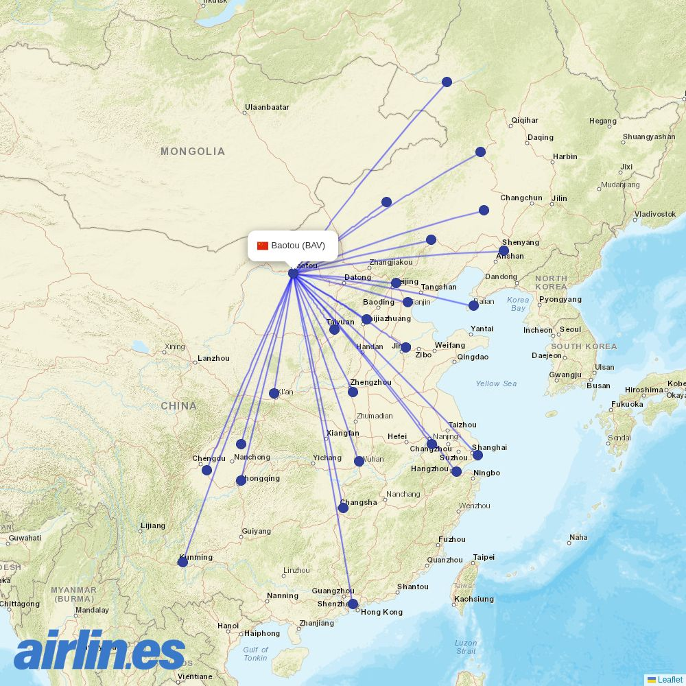 Loong Air from Baotou Airport destination map