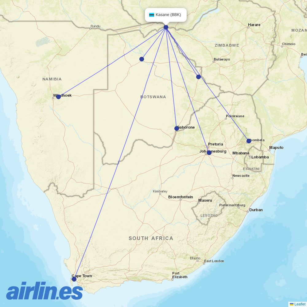 Air Botswana from Kasane destination map