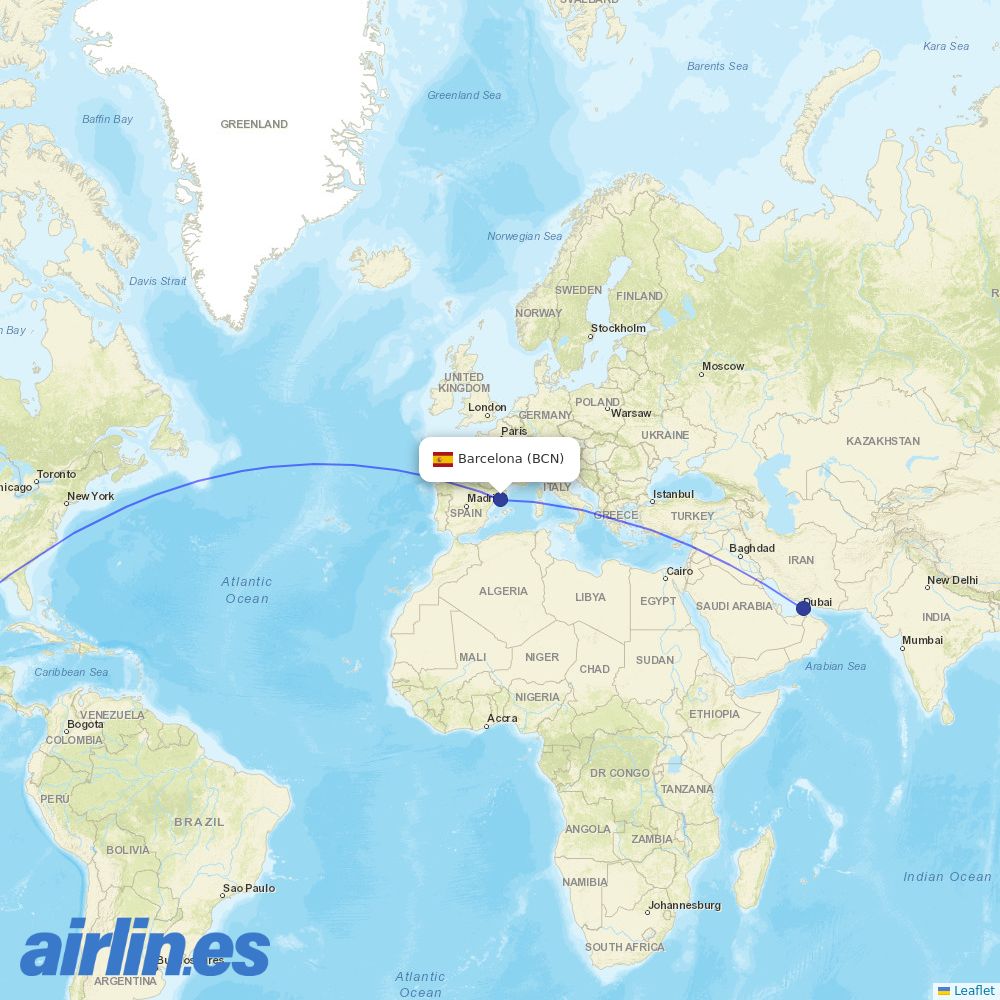 Emirates at BCN route map