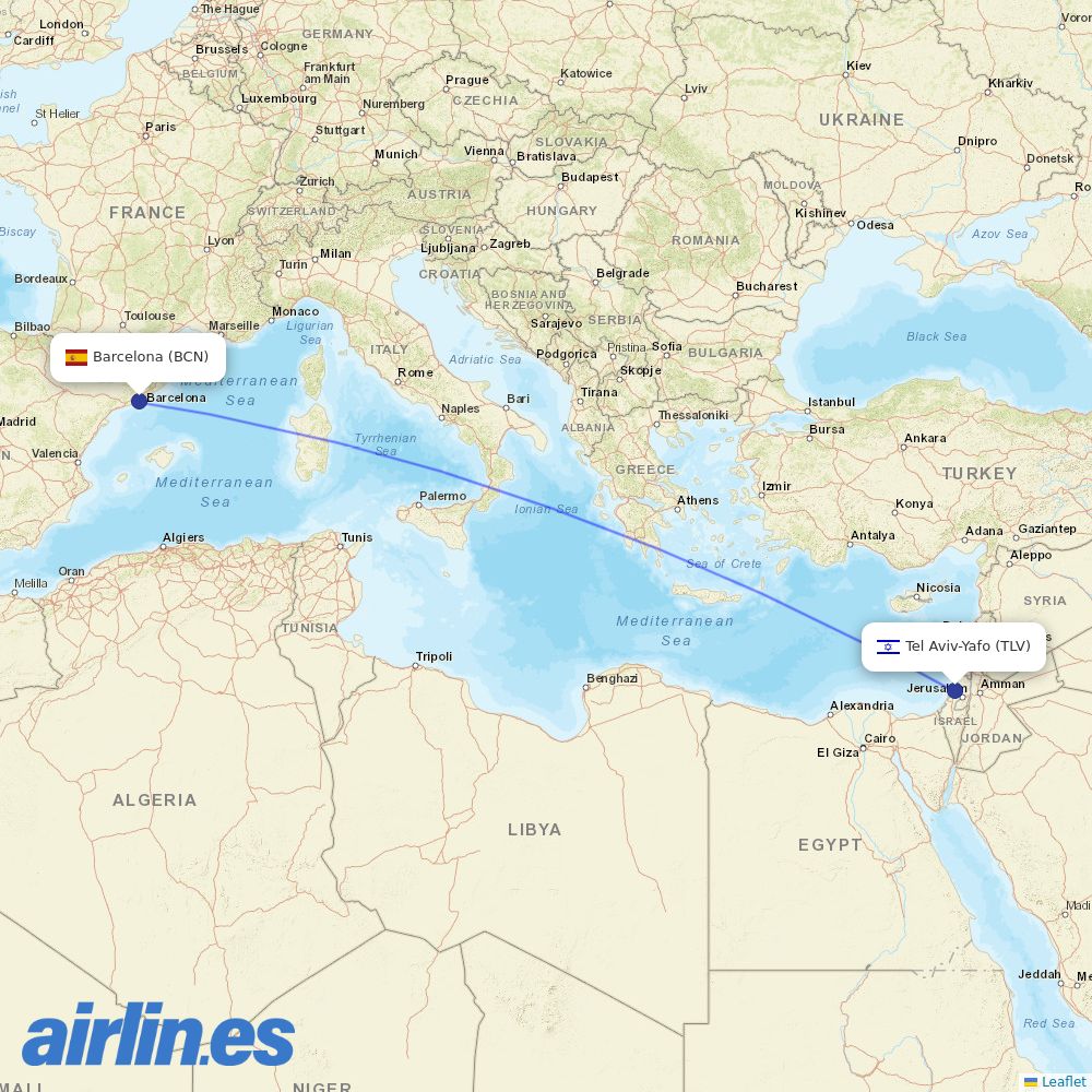 Arkia Israeli Airlines from El Prat Airport destination map