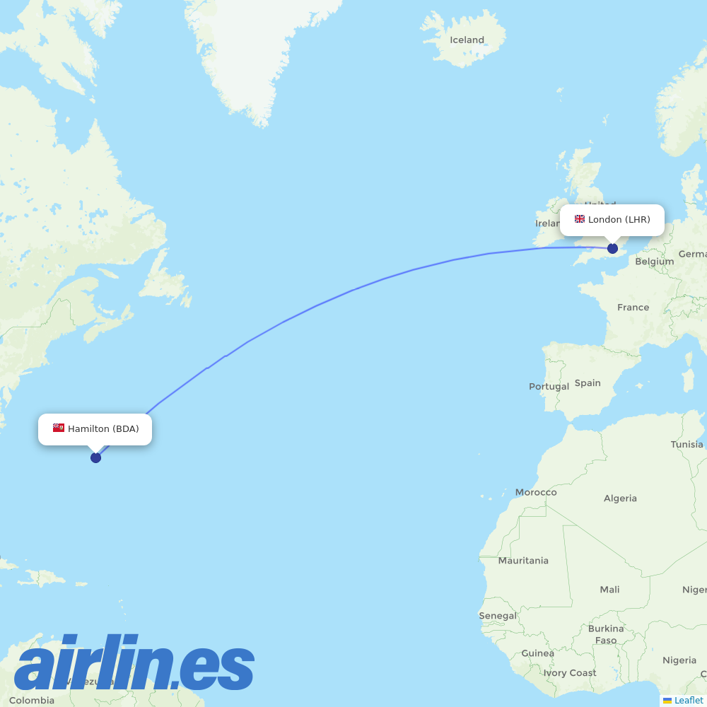 British Airways from Hamilton destination map