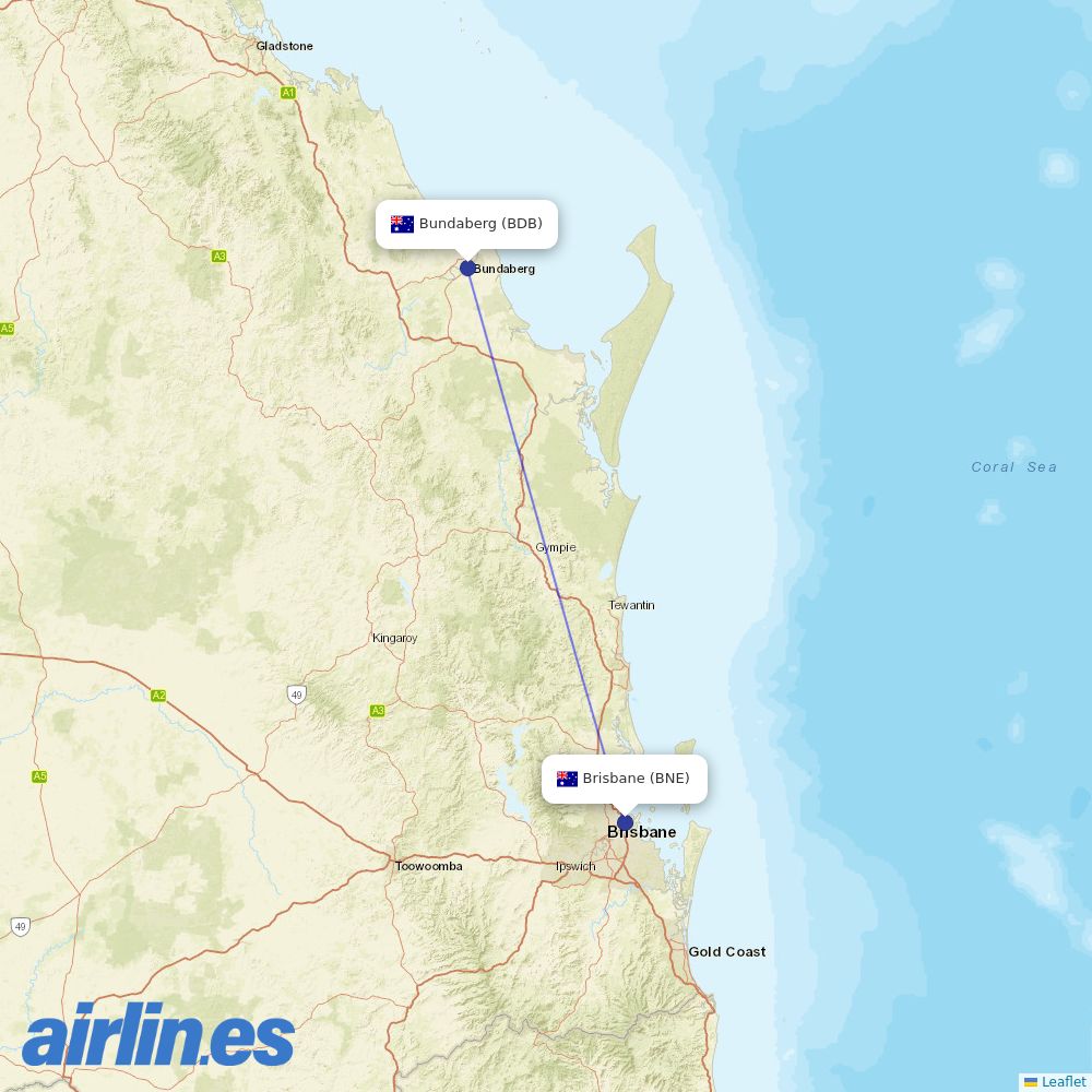 Qantas from Bundaberg destination map