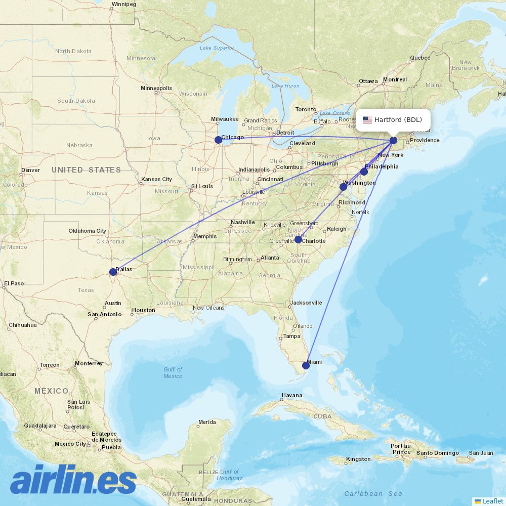 American Airlines from Bradley International destination map