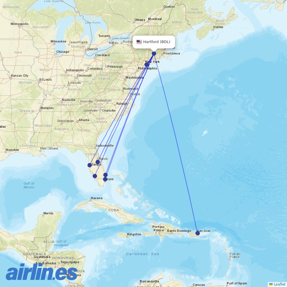 JetBlue Airways from Bradley International destination map