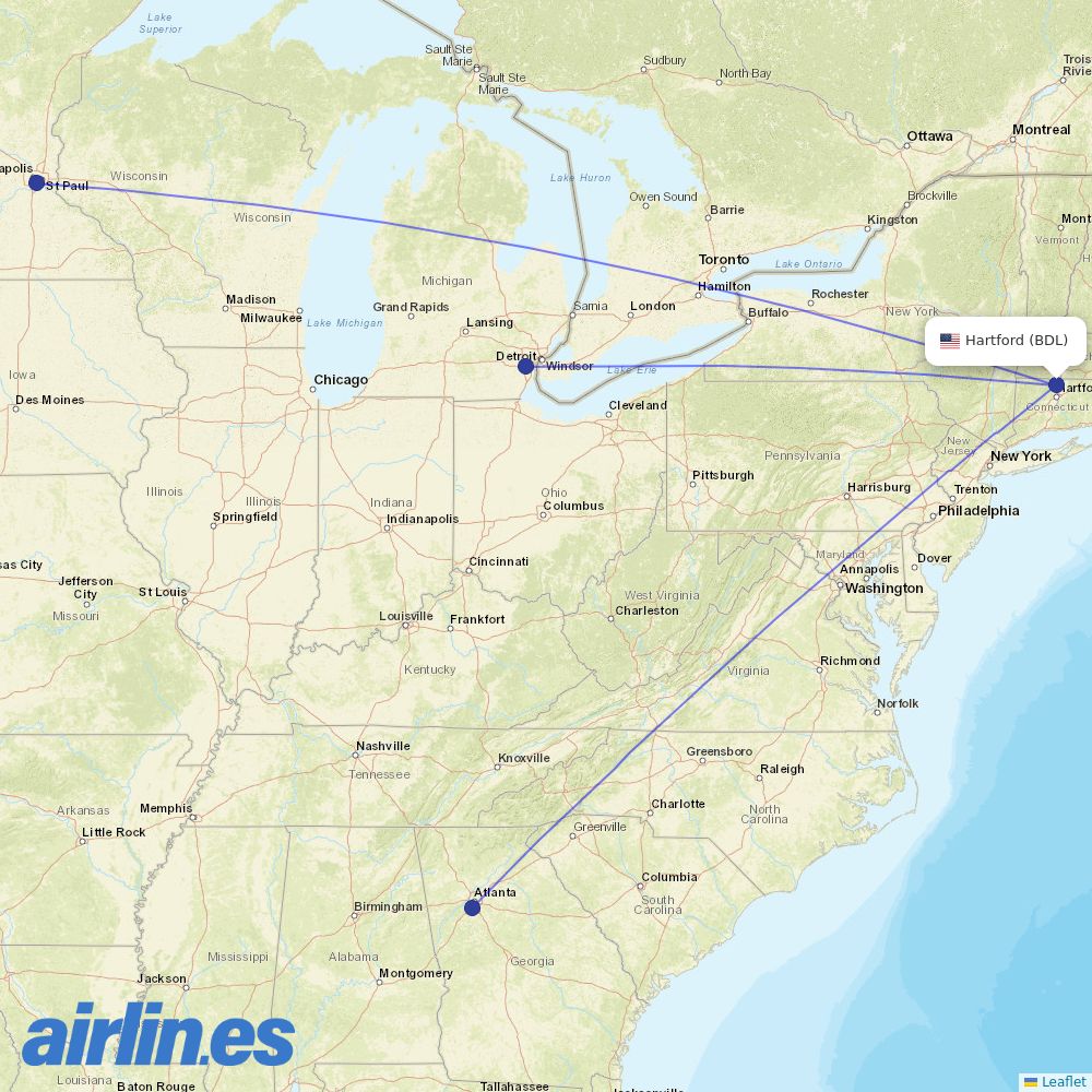 Delta Air Lines from Bradley International destination map