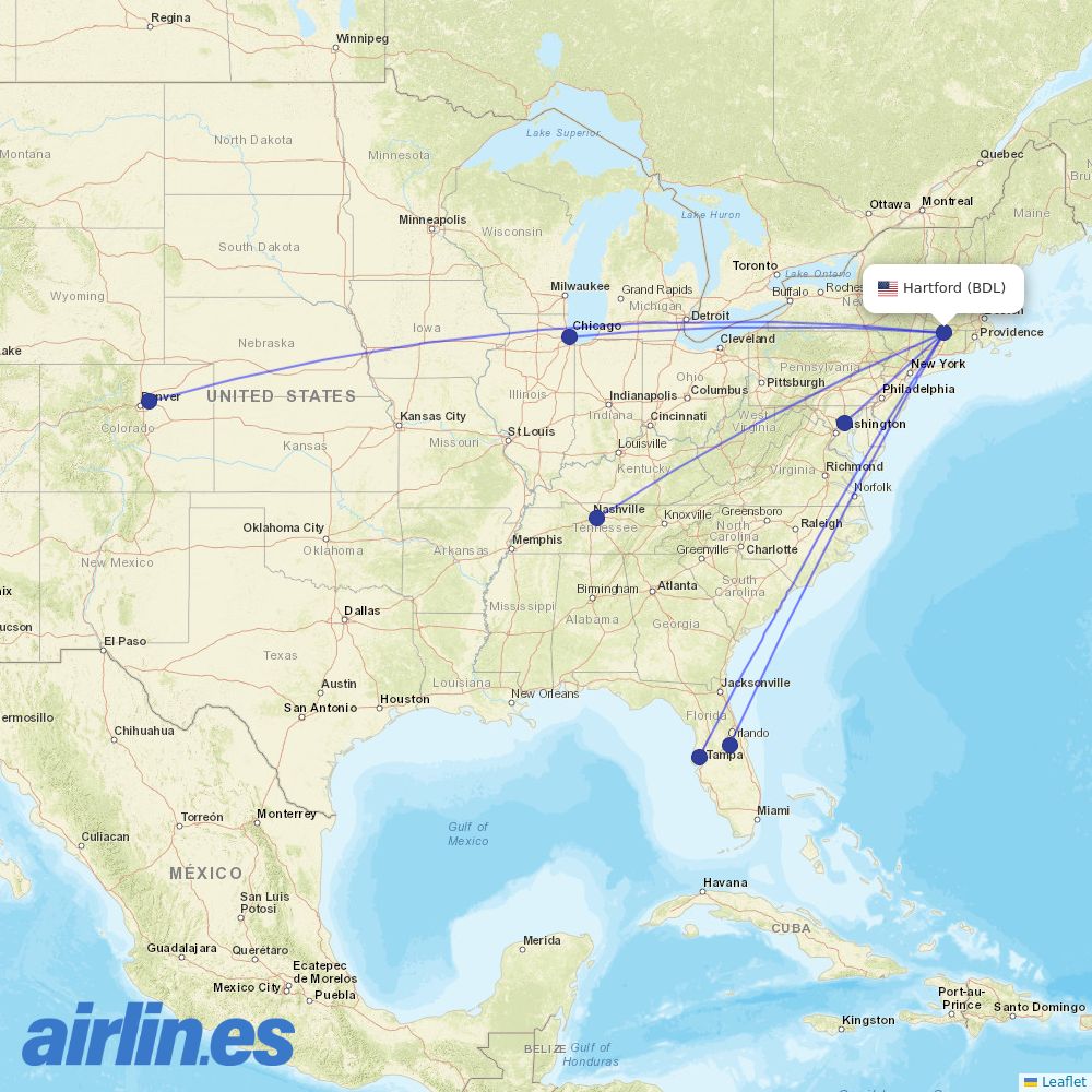 Southwest Airlines from Bradley International destination map