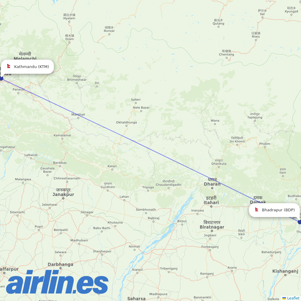 Yeti Airlines from Bhadrapur destination map