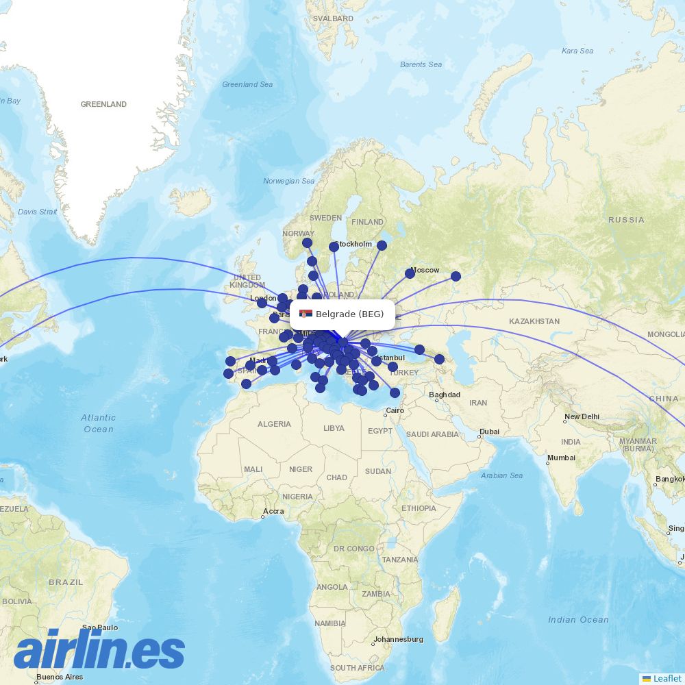 Air Serbia from Belgrad Nikola Tesla Airport destination map