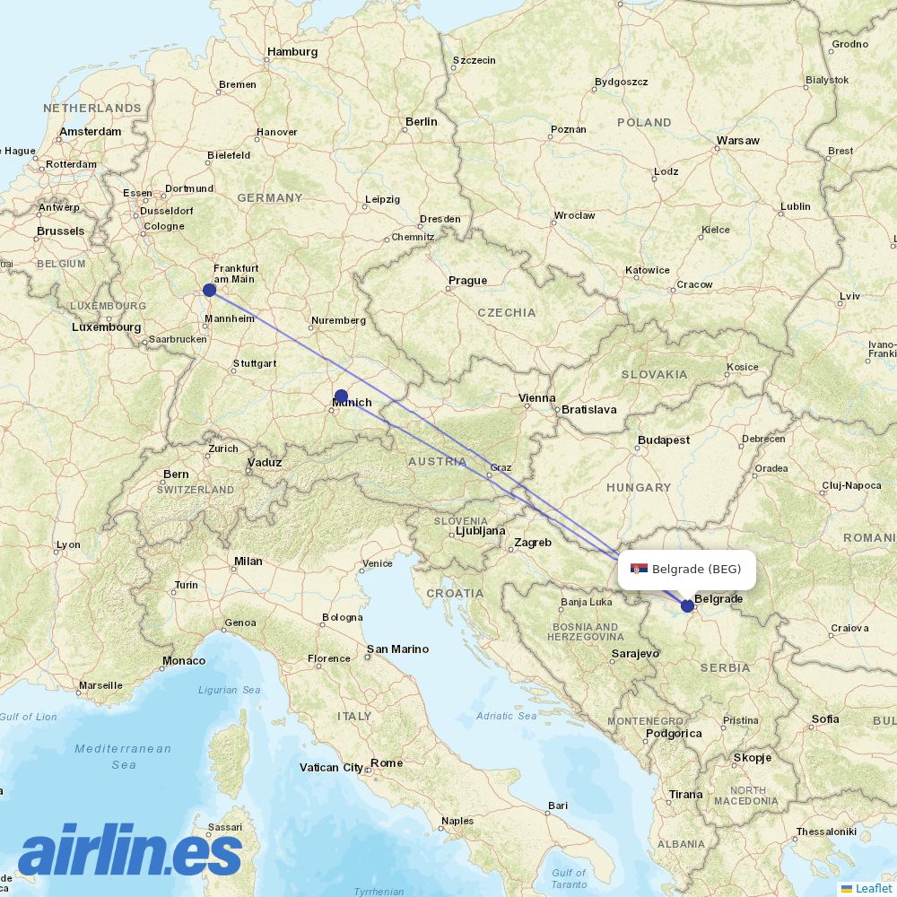 Lufthansa from Belgrad Nikola Tesla Airport destination map