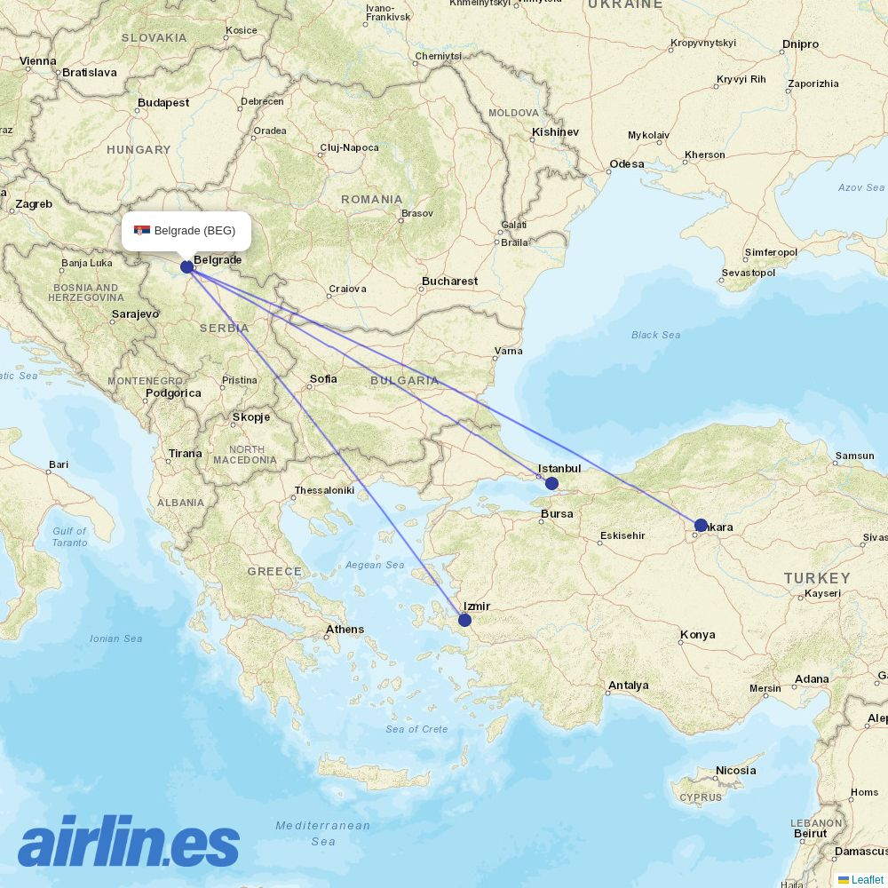 AJet from Belgrad Nikola Tesla Airport destination map
